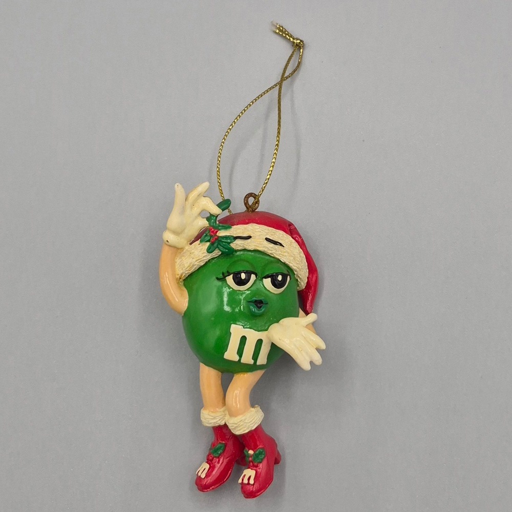 M&M's Sexy Green Character Christmas Ornament Santa Hat Mistletoe Vtg Holiday